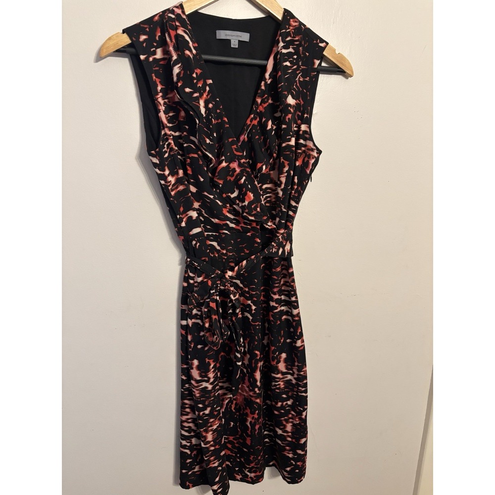 Classiques Entier Silk Red Black V Neck Ruffle Sleeveless Belted Dress‎ Size 4